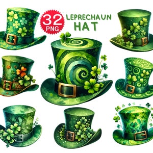 32 PNG, Aquarelle Leprechaun Hat, Emerald Hat Clipart Bundle, Green Hat PNG, Saint Patrick’s Day Leprechaun Clipart, St Patrick Png