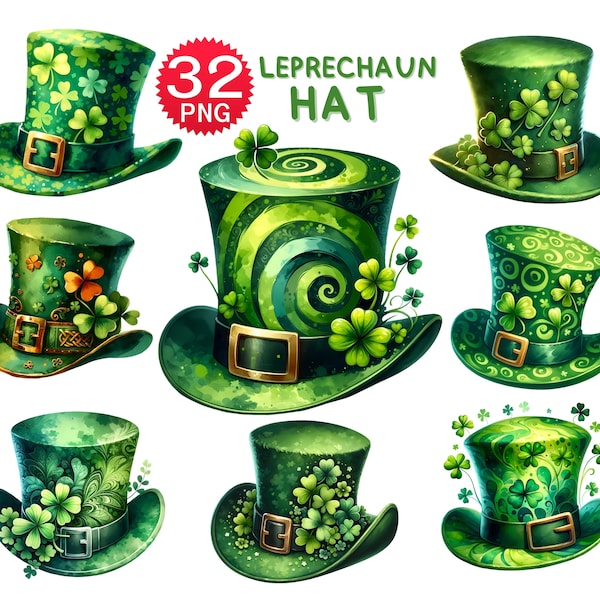 32  PNG, Watercolor Leprechaun Hat, Emerald Hat Clipart Bundle, Green Hat PNG, Saint Patrick's Day Leprechaun Clipart, St Patrick Png