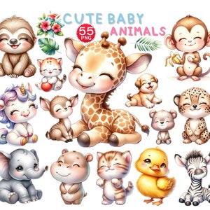 Niedliche Tierbabys, Aquarell Clipart, Tiere Png, Baby Tier Clipart, Clipart Bundle, PNG-Datei, transparenter Hintergrund, digitaler Download