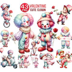 43 PNG, Imágenes Prediseñadas de payaso lindo de San Valentín de acuarela, imágenes prediseñadas del día de San Valentín, PNG de payaso, imágenes prediseñadas de fantasía, PNG de San Valentín, imágenes prediseñadas de payaso para niños