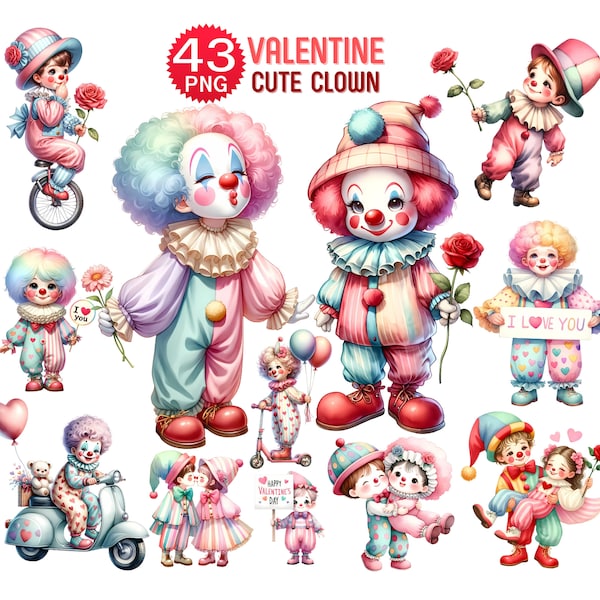 43 PNG, aquarelle Saint-Valentin Clown Clipart, Clipart Saint-Valentin, Clown PNG, Clipart fantastique, Saint-Valentin PNG, Clipart Clown enfants