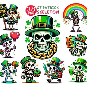 Op de afbeelding: Een set van 38 digitale clipart-afbeeldingen met skeletfiguren die groene leprechaun-hoeden en kostuums dragen. De skeletten houden verschillende voorwerpen met St. Patrick's Day-thema vast, zoals klavertjesvier, een regenboog en een bord met de tekst "St. Patrick's Day".