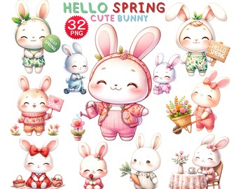 Watercolor Bunny Clipart Bundle: Spring Garden PNG Graphics (Digital Download)