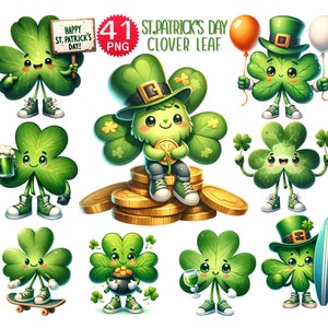 41 Watercolor St.Patrick’s Day Clipart, St.Patrick’s Cartoon, Clover PNG, Irish Cartoon, Clover Leaf Retro Cartoon PNG, Commercial Use