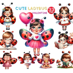 Cute Ladybug Valentine Clipart, Valentine Sublimation, Kids Valentine Day card,  Love Bug clipart, Nursery Decoration, Watercolor Clipart