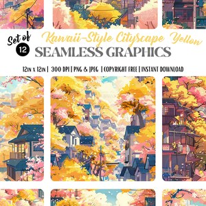 Digital Seamless Surface Patterns | Kawaii Style Cityscape in YELLOW | PERSONAL use only | Scrapbooking, DIY Art, Wallpapers and More