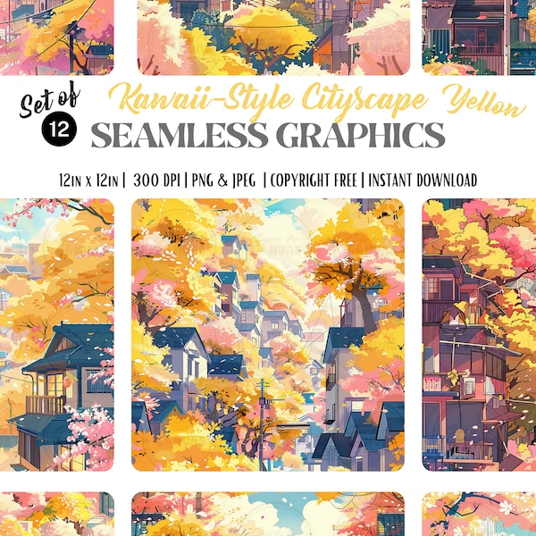 Seamless Kawaii-Style Cityscape Patterns in YELLOW- COPYRIGHT-FREE - Perfect for Creative and Business Use - Instant Download