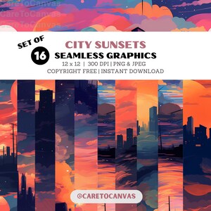 Może przedstawiać: Zestaw 16 bezszwowych grafik cyfrowych przedstawiających miejskie krajobrazy z zachodami słońca w różnych odcieniach pomarańczowego, różowego i niebieskiego. Grafiki mają rozmiar 30,5 cm x 30,5 cm i rozdzielczość 300 DPI. Tekst "CITY SUNSETS" i "SEAMLESS GRAPHICS" jest wyświetlany w różowo-białej czcionce. Tekst "SET OF 16" jest wyświetlany w czarnym kółku. Tekst "COPYRIGHT FREE | INSTANT DOWNLOAD" jest wyświetlany w białym kolorze. Tekst "@CARETOCANVAS" jest wyświetlany w białym kolorze.
