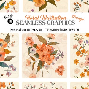 Digital Seamless Floral Surface Patterns ORANGE | PERSONAL use only | Scrapbooking, DIY Art, Wallpapers and More