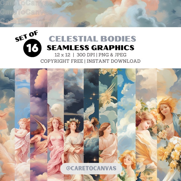 Celestial Bodies Seamless Pattern - Angelic Digital Paper, Heavenly Clouds and Figures, Ethereal Backgrounds for Crafts and Decor