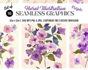 Digital Seamless Floral Surface Patterns in PURPLE | PERSONAL use only | Scrapbooking, DIY Art, Wallpapers and More