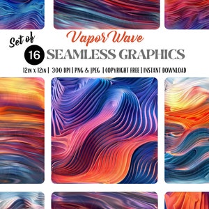 May include: Set of 16 seamless digital graphics in a vaporwave style. The graphics feature a colorful, abstract design with wavy lines in shades of blue, pink, orange, and yellow. The graphics are 12 inches by 12 inches and 300 DPI.