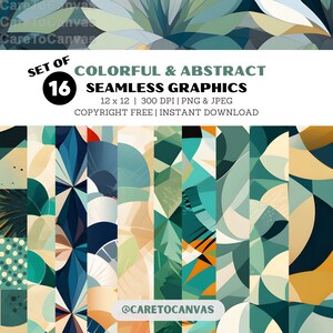 Puede incluir: Un conjunto de 16 gráficos sin costuras coloridos y abstractos. Los gráficos están en una variedad de colores, incluyendo azul, verde, amarillo y naranja. Los gráficos son de 30,48 cm por 30,48 cm y 300 DPI. Están disponibles en formatos PNG y JPEG. Los gráficos son de dominio público y se pueden descargar instantáneamente. El texto "@CARETOCANVAS" está en la parte inferior de la imagen.
