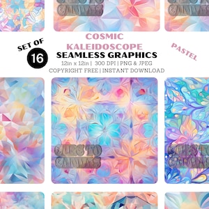 Puede incluir: Conjunto de 16 gráficos sin costuras de caleidoscopio cósmico en colores pastel. Cada gráfico mide 30,5 cm por 30,5 cm y tiene 300 DPI. Los gráficos están disponibles en formatos PNG y JPEG. Son de uso libre y se pueden descargar instantáneamente.