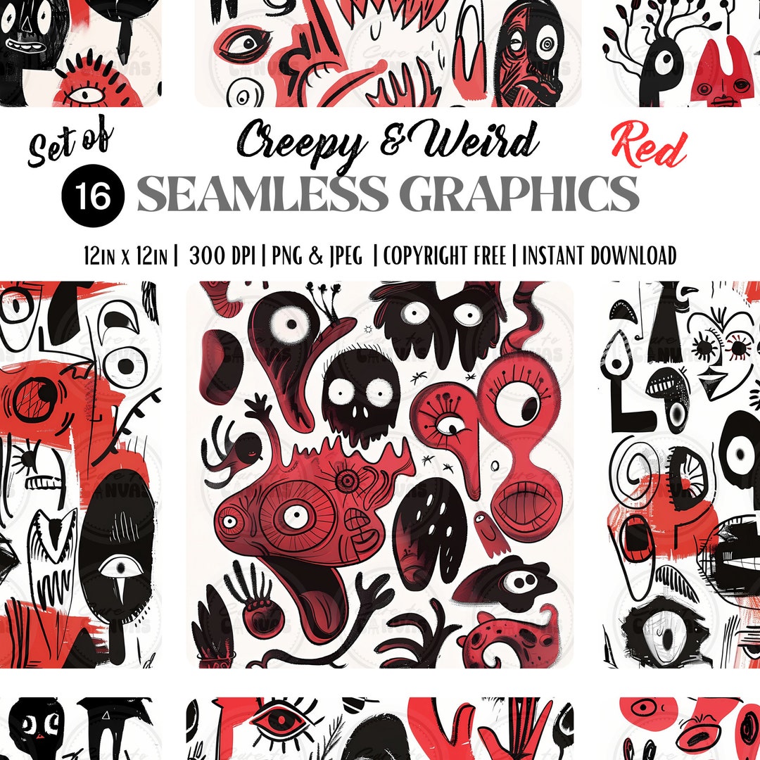 Digital Seamless Surface Patterns | Spooky Weird Cartoons in RED ...