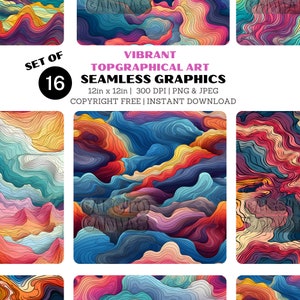 Motifs numériques de surface transparente | Art abstrait de carte topographique au néon | Usage PERSONNEL uniquement | Scrapbooking, bricolage, papiers peints et plus