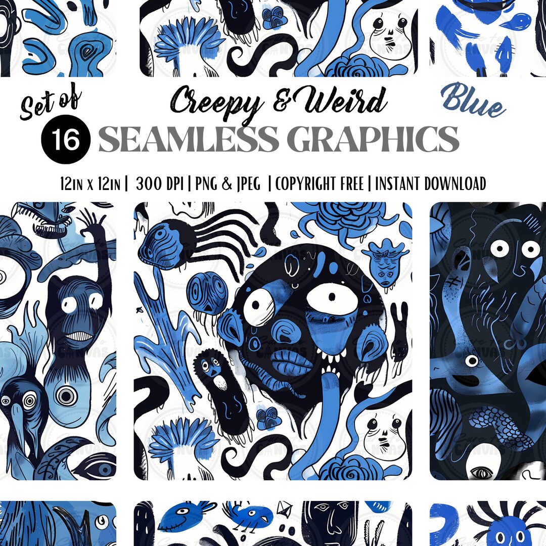 Digital Seamless Surface Patterns | Spooky Weird Cartoons in BLUE ...