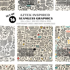 Puede incluir: Conjunto de 16 patrones gráficos sin costuras de inspiración azteca. Los patrones son en blanco y negro con toques de color, incluyendo amarillo, rojo, azul y turquesa. Los patrones miden 30,5 cm por 30,5 cm y 300 DPI.
