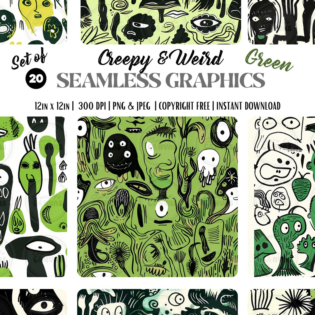Digital Seamless Surface Patterns | Spooky Weird Cartoons in GREEN ...