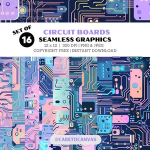 May include: A set of 16 seamless circuit board graphics in a variety of pastel colors. The graphics are 12 inches by 12 inches and 300 DPI. They are available in PNG and JPEG formats. The graphics are copyright free and can be downloaded instantly. The text "@CARETOCANVAS" is at the bottom of the image.