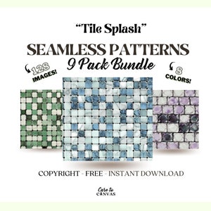 May include: A set of 9 seamless tile patterns in 8 colors. The patterns feature a variety of tile designs, including square, rectangular, and hexagonal tiles. The tiles are in shades of blue, green, purple, and white. The text "Tile Splash" and "9 Pack Bundle" is visible in the image.