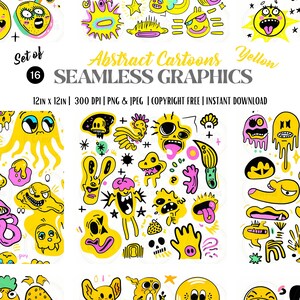 Digital Seamless Surface Patterns | Abstract Cartoons in YELLOW | PERSONAL use only | Scrapbooking, DIY Art, Wallpapers and More