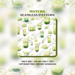 Könnte beinhalten: Ein nahtloses Muster mit verschiedenen grünen Matcha-Illustrationen, darunter Tassen Matcha, Matcha-Mochi und Matcha-Eis. Das Muster ist auf weißem Hintergrund und enthält den Text "MATCHA SEAMLESS PATTERN".