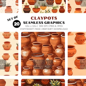 May include: Set of 20 seamless digital paper patterns featuring terracotta clay pots in various shapes and sizes. The patterns are perfect for crafting, scrapbooking, and digital design projects.
