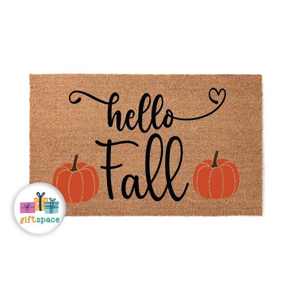 Fall Decor Doormat Combo Set - Hello Pumpkin Coco Coir Mat (18x30) & Plaid Rug (28x43), Autumn Porch Decor
