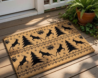 Christmas Doormat, Reindeer Welcome Mat, Holiday Door Mat, Winter Front Porch Decor, Festive Coir Rug, Christmas Gift For Home