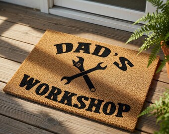 Personalized Dad Workshop Doormat, Fathers Day Gift For Husband, Custom Garage Welcome Mat, New Home Present, Funny Door Mat Decor