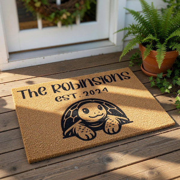 Personalized Family Doormat, Custom Welcome Mat, Housewarming Gift, Turtle Door Mat, New Home Gift, Family Name Entry Rug