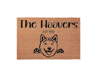 Personalized Shiba Inu Welcome Mat, Coir Doormat for Anniversary, Last Name Established Gift