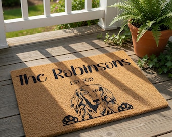 Personalized Dachshund Doormat, Custom Family Name Welcome Mat, Long Haired Dog Lover Gift, Housewarming Present, Entryway Rug