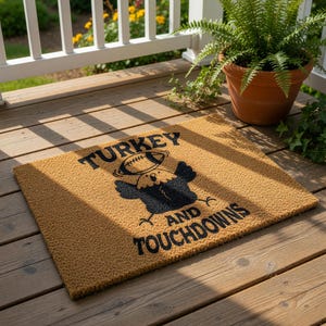 Thanksgiving Football Doormat, Turkey And Touchdowns Welcome Mat, Funny Fall Door Mat, Football Lover Gift, Autumn Entryway Rug
