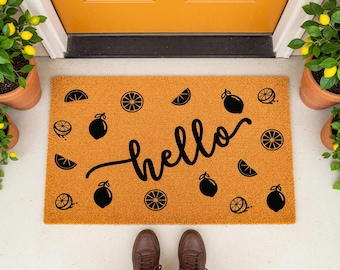 Hello Lemon Pattern Doormat - Charming Citrus Welcome Mat for Entryway