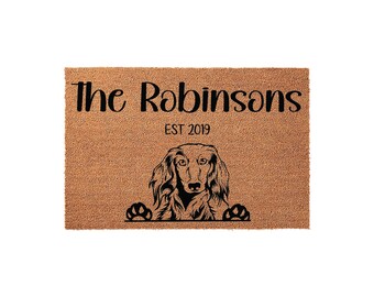 Custom Long Hair Dachshund Welcome Doormat, Personalized Last Name Front Door