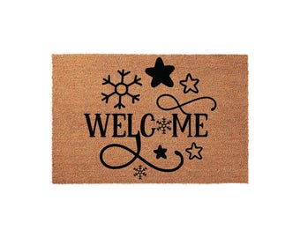 Welcome Doormat With Snowflakes And Stars, Winter Christmas Front Porch