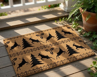 Christmas Doormat, Holiday Doormat, Reindeer And Pine Tree Welcome Mat, Winter Front Door Mat, Festive Housewarming Christmas Gift