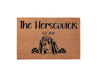Personalized Basset Hound Doormat, Custom Family Name Welcome Mat, Housewarming Gift, New Home Present, Funny Dog Lover Decor