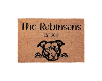 Custom Pitbull Dog Welcome Doormat, Personalized Last Name Front Porch Mat
