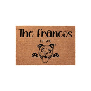 Paillasson personnalisé Pit Bull, Cadeau de pendaison de crémaillère, Tapis de bienvenue personnalisé, Paillasson amusant, Nom de famille, Décoration d'animal de compagnie, Cadeau de mariage