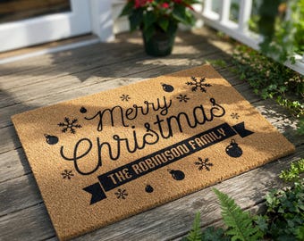 Personalized Christmas Doormat, Custom Family Name Welcome Mat, Holiday Door Mat, Merry Christmas Gift, Festive Front Porch Decor