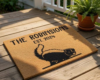 Personalized Family Doormat, Custom Welcome Mat, Housewarming Gift, New Home Gift, Funny Skunk Door Mat, Personalized Coir Rug