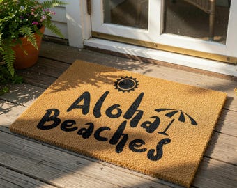 Summer Beach Doormat, Aloha Beaches Welcome Mat, Funny Coastal Front Door Mat, Tropical Housewarming Gift, Beach House Decor Rug