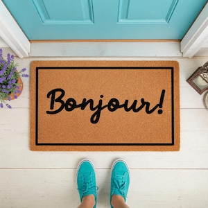 Bonjour Script Welcome Mat - Elegant French Greeting Entry Decor