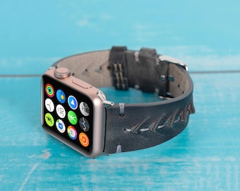 Handmade Gray Leather Apple Watch Band: Stainless Steel Buckle