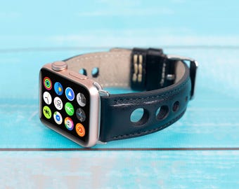 Correa de cuero negro para Apple Watch hecha a mano: Correa personalizada para iWatch