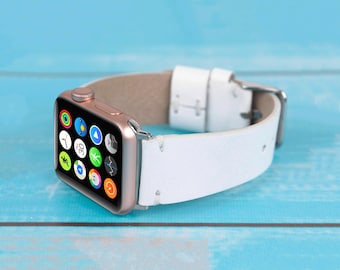 Pulseira de couro branca feita à mão para Apple Watch: fivela de aço inoxidável
