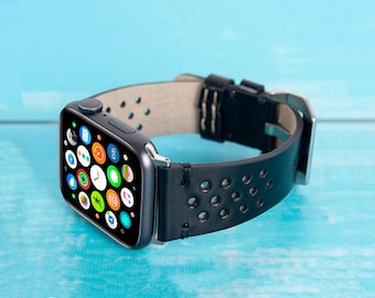 Correa de cuero negra hecha a mano para Apple Watch: Series Ultra/SE